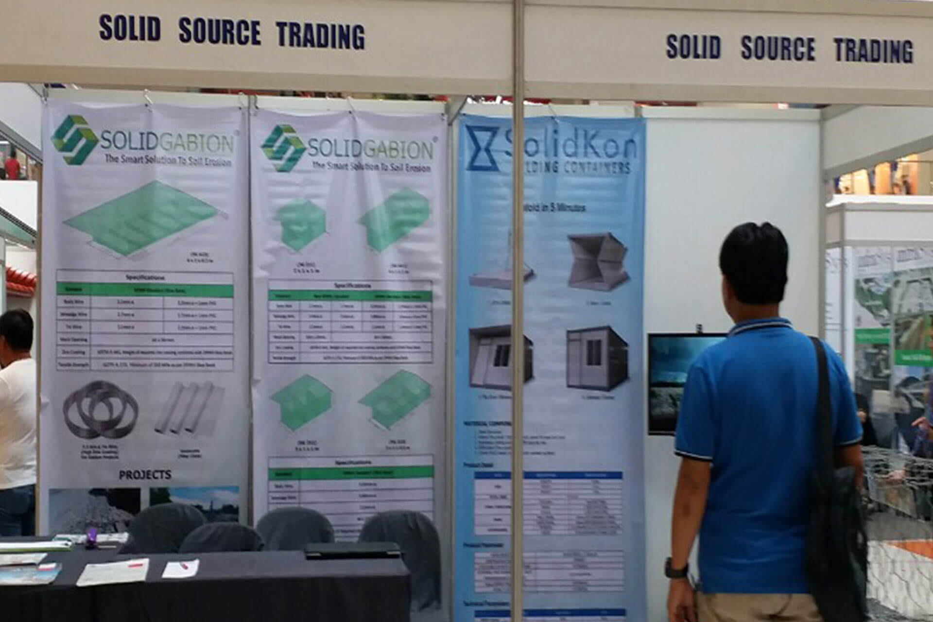 Booth at the PIcE Davao 2019 event for Solid Source Trading, featuring banners for SolidGabion and SolidKon.