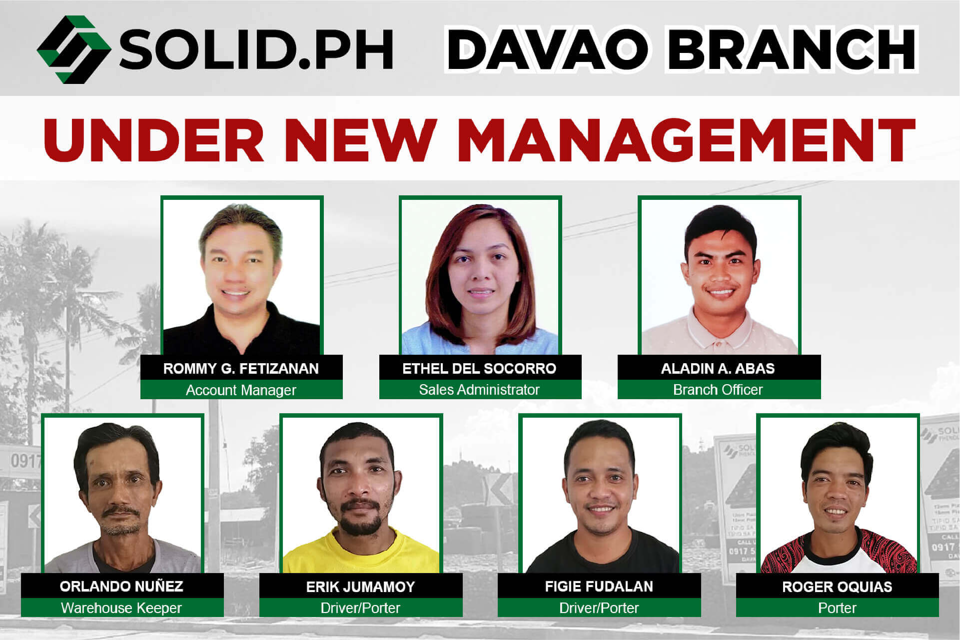 Solid.PH Davao Branch is under new management, featuring photos and job titles of key staff.