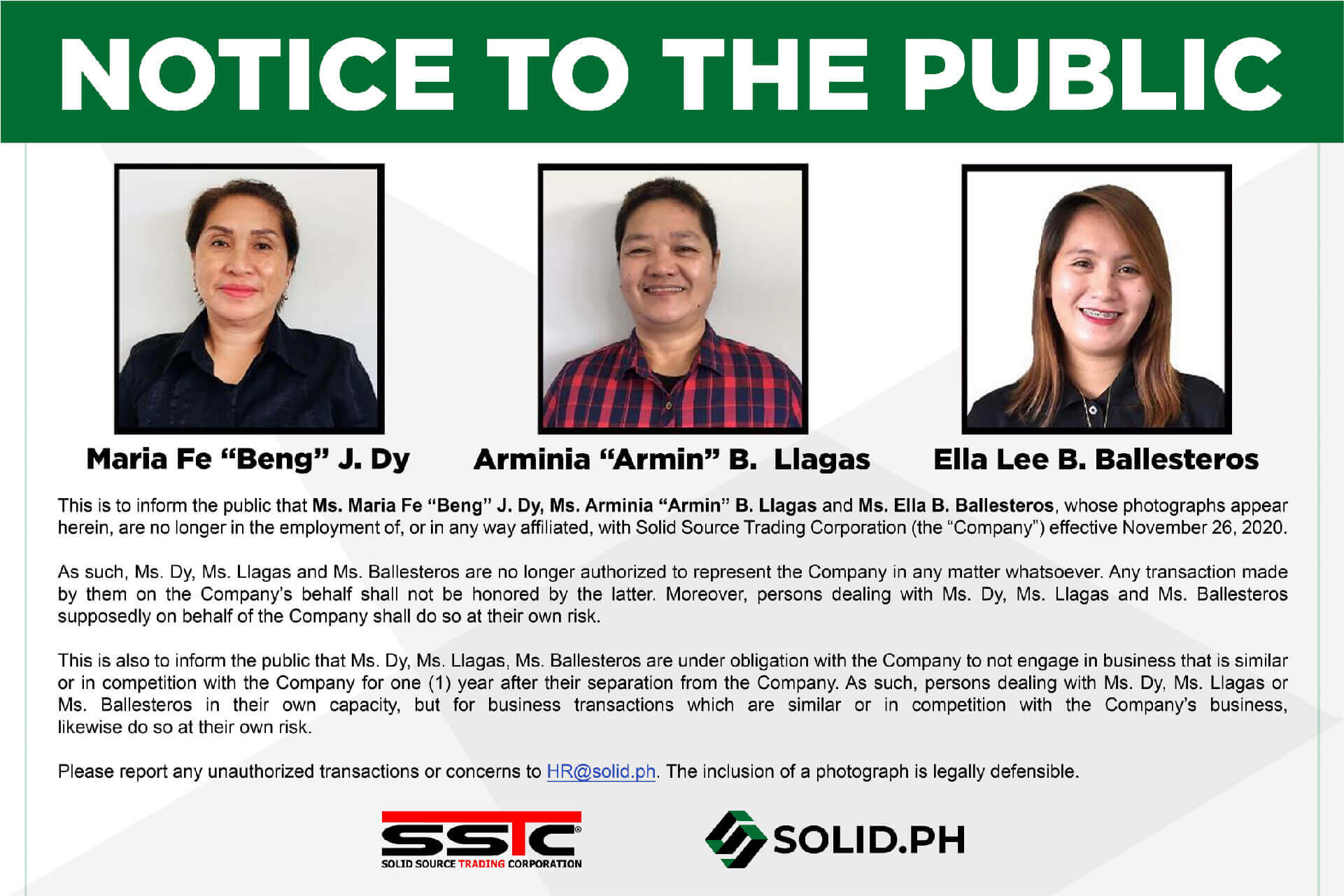 "Notice to the Public" from Solid Source Trading Corporation, with photos of Maria Fe "Beng" J. Dy, Arminia "Armin" B. Llagas, and Ella Lee B. Ballesteros, indicating they are no longer affiliated with the company.