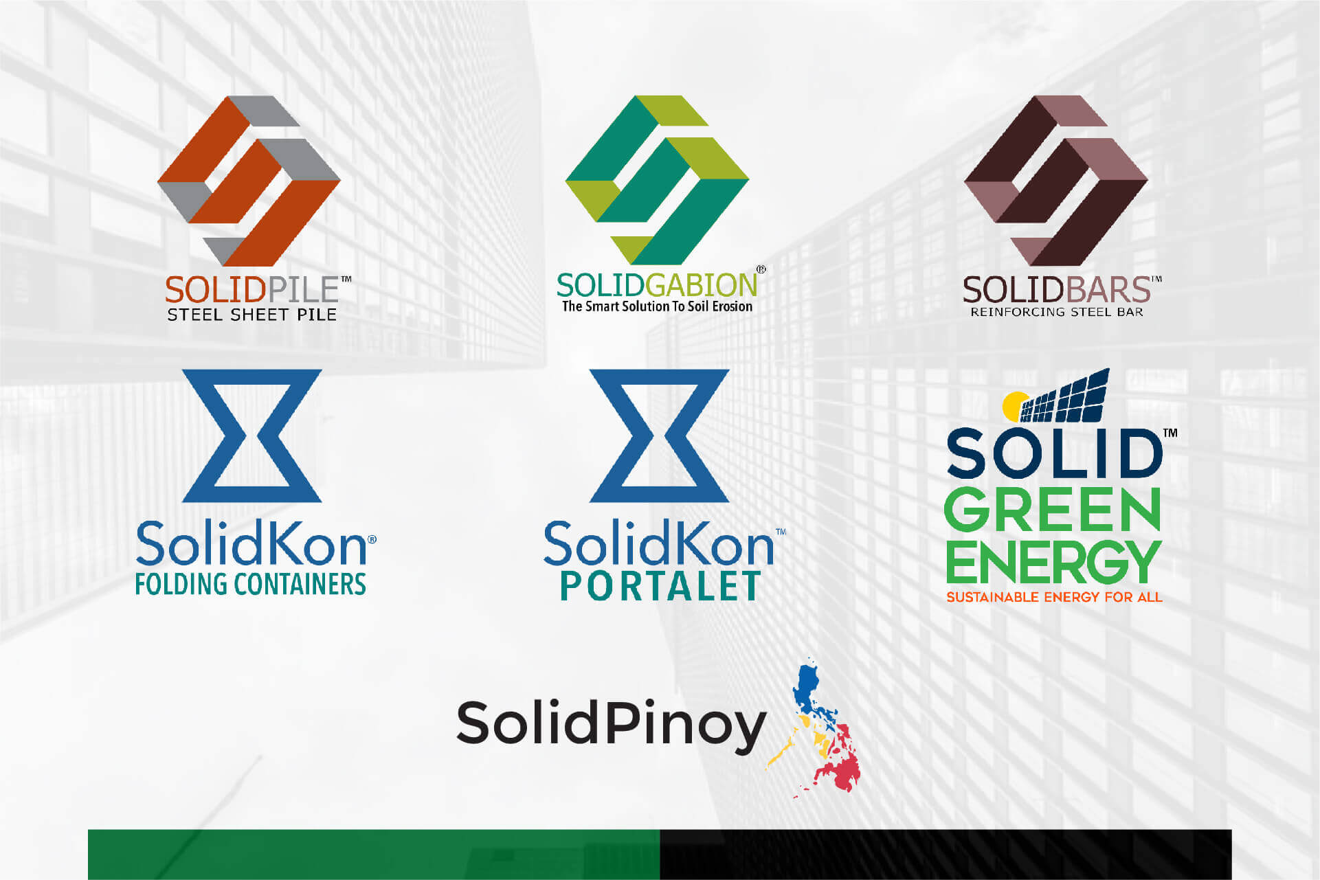 SolidPinoy banner featuring logos for SolidPile, SolidGabion, SolidBars, SolidKon, and Solid Green Energy.