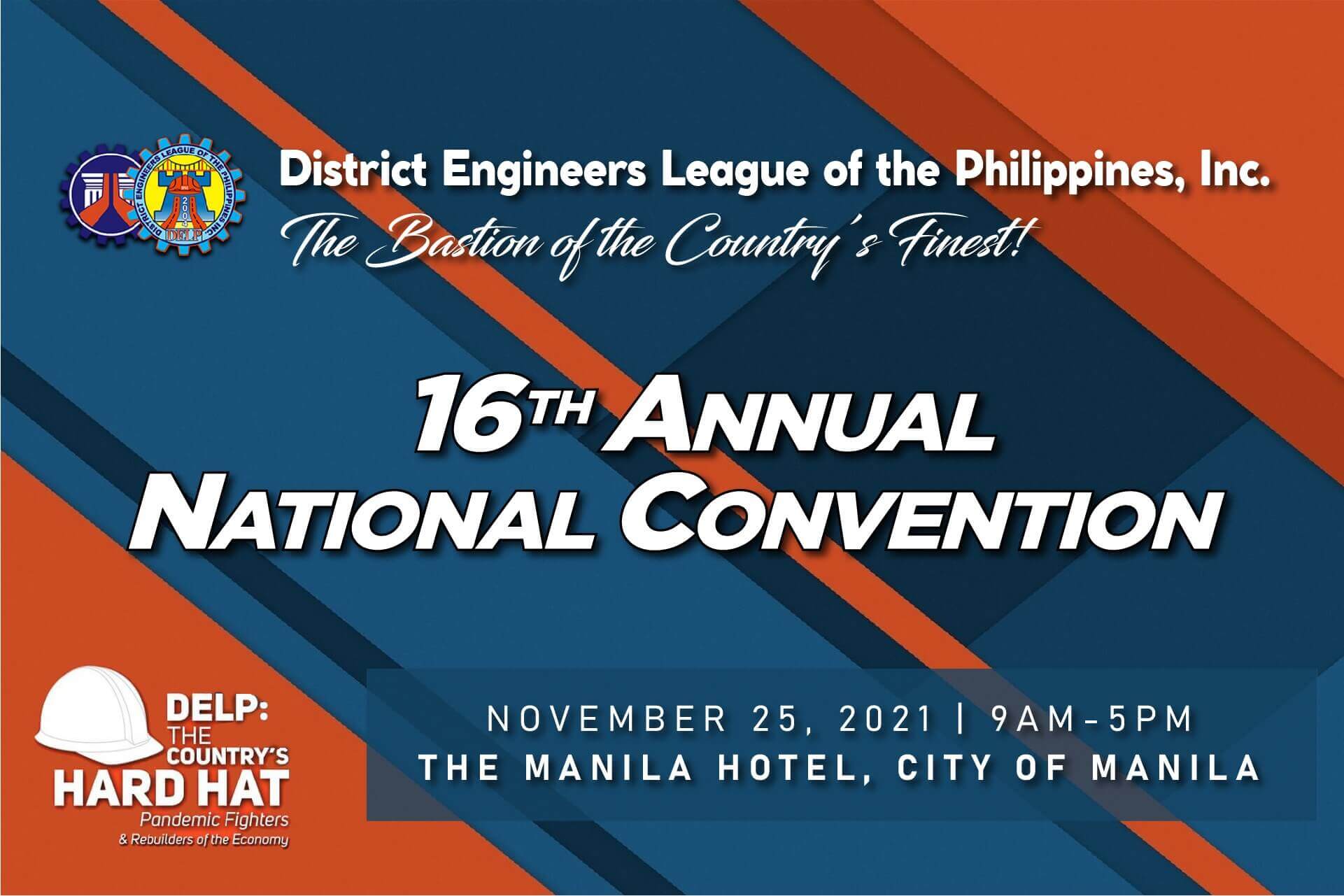 Flyer for the District Engineers League of the Philippines 16th Annual National Convention on November 25, 2021, in Manila.