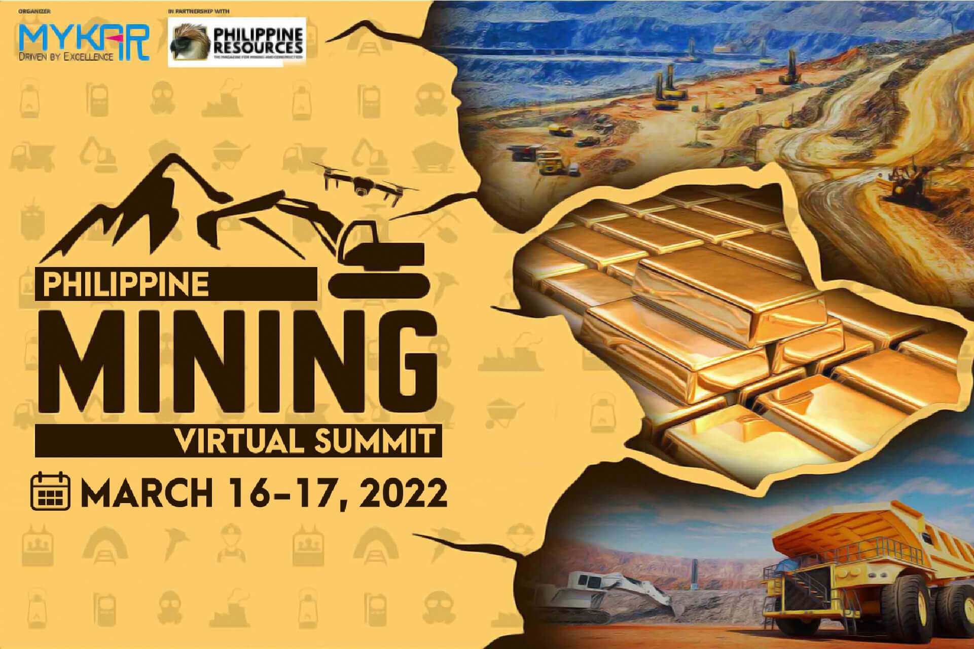 Philippine Mining Virtual Summit poster, March 16-17, 2022, with mining equipment and gold bars imagery.