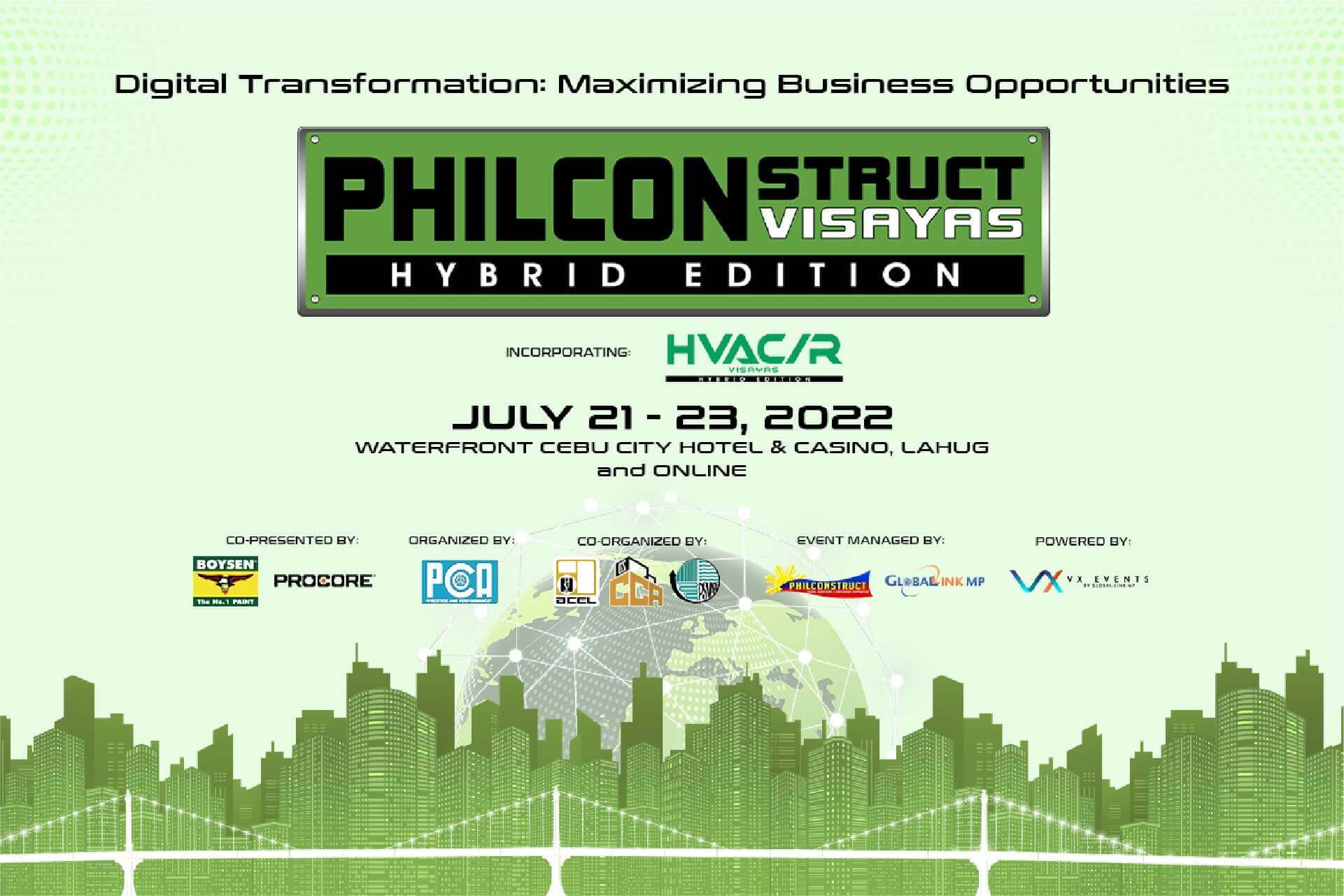 Promotional poster for PHILCONSTRUCT Visayas Hybrid Edition, July 21-23, 2022, at Waterfront Cebu City Hotel & Casino and online.