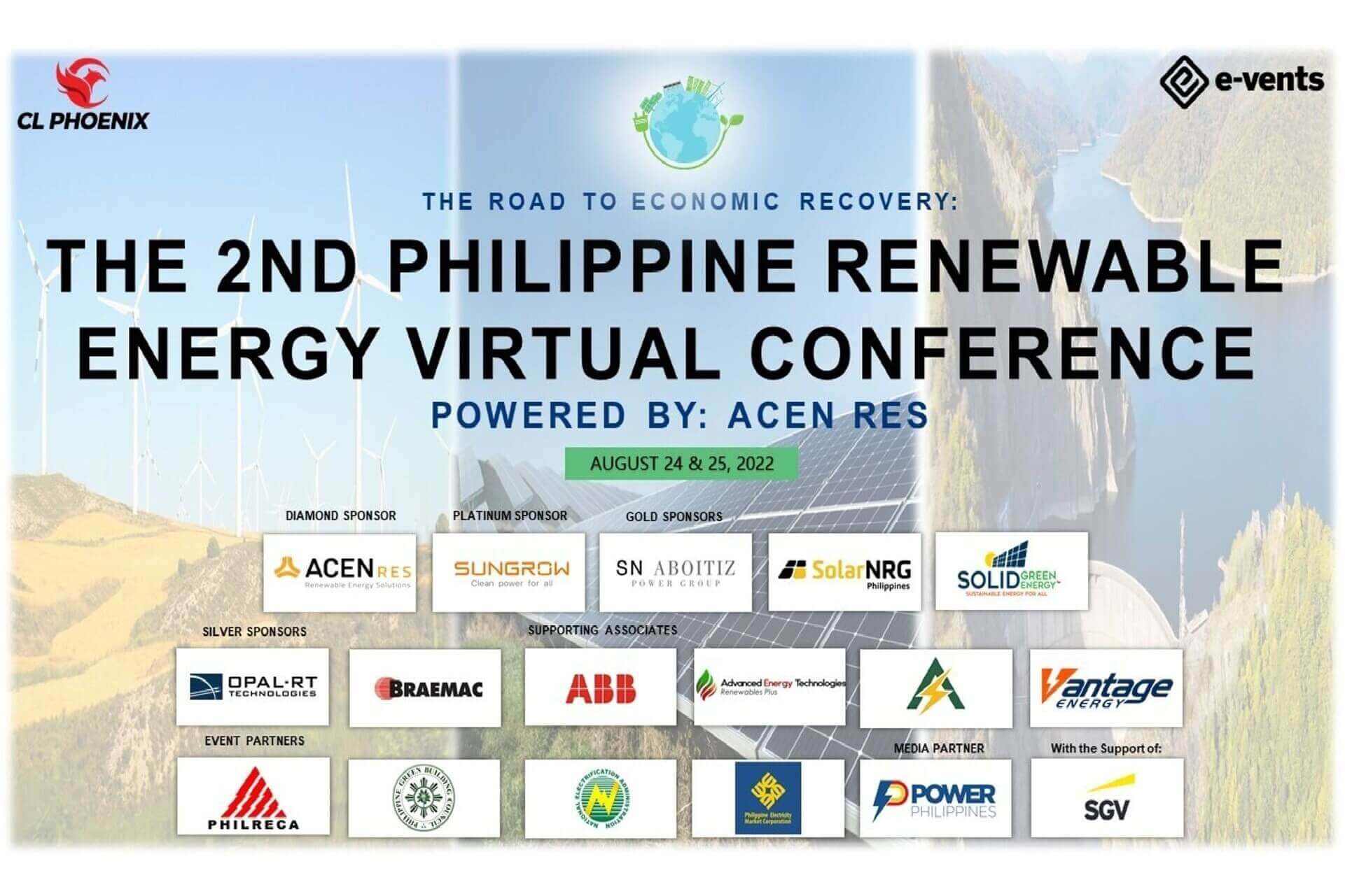Promotional graphic for the 2nd Philippine Renewable Energy Virtual Conference on August 24-25, 2022, featuring sponsors and event partners.