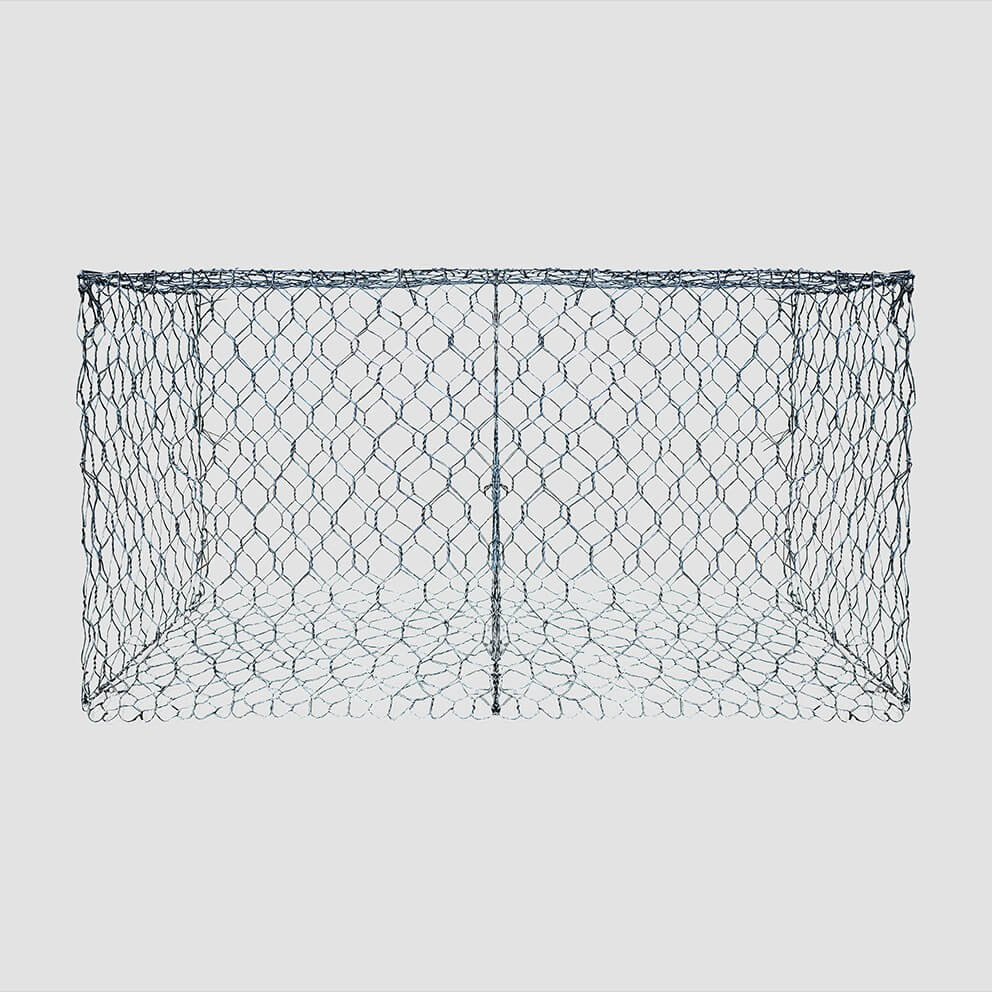 A rectangular gabion basket cage made of wire mesh.