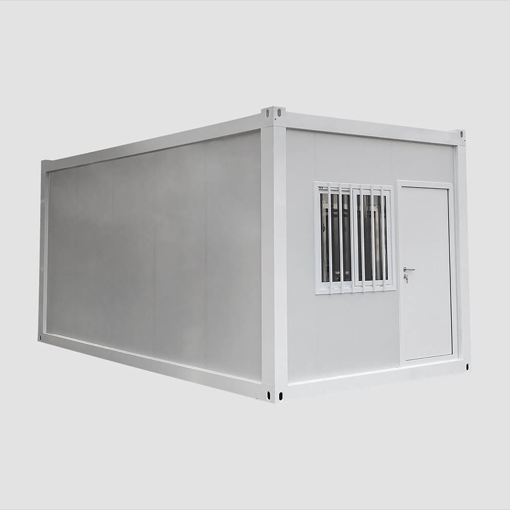 A gray folding container with a window and door.