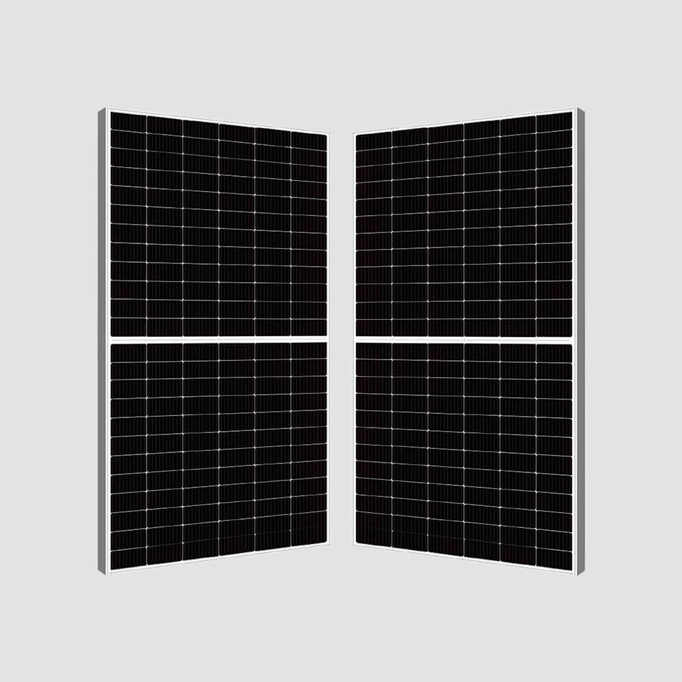 Two black solar panels with white gridlines on a gray background.