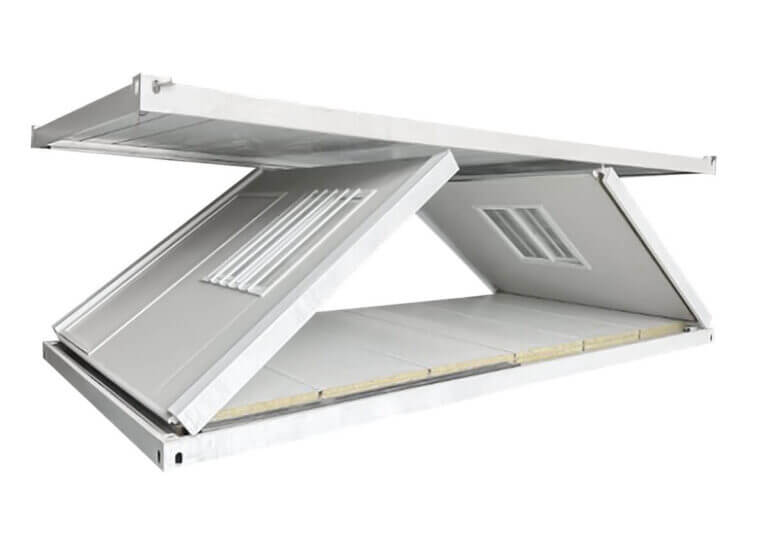 Partially unfolded modular building component with white paneling and ventilation.