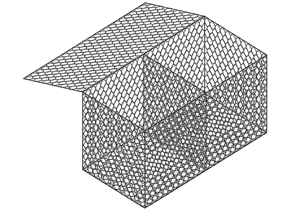 A 3D rendering of a building-like structure with a repeating patterned texture.