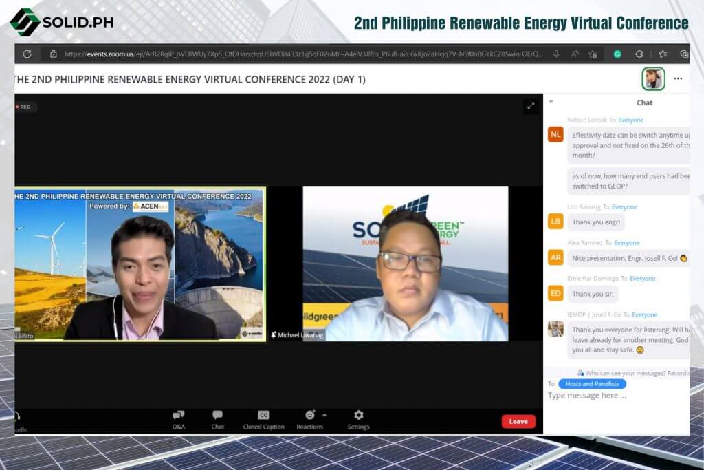 Screenshot from the 2nd Philippine Renewable Energy Virtual Conference, showing a Q&A session with panelists in a video call.