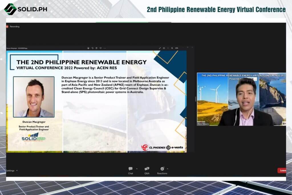 Screenshot of the 2nd Philippine Renewable Energy Virtual Conference, featuring speakers Duncan Macgregor and Toni Bilaro.