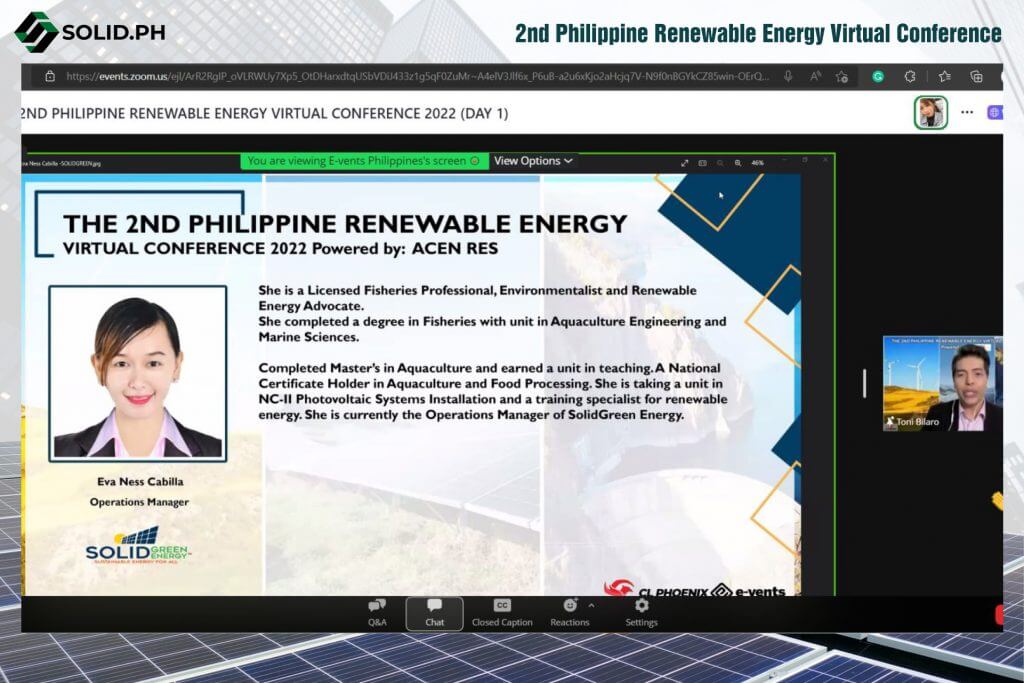 Screenshot of the 2nd Philippine Renewable Energy Virtual Conference featuring speaker Eva Ness Cabilla.