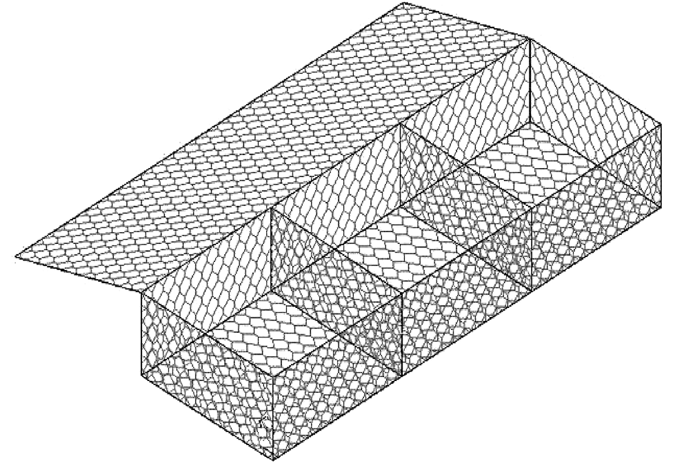 Isometric view of a wireframe building with a repeating hexagonal pattern.