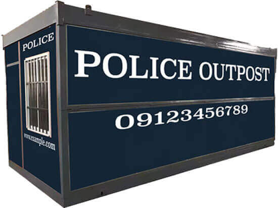 A portable blue and gray container labeled as a "Police Outpost" with a phone number.