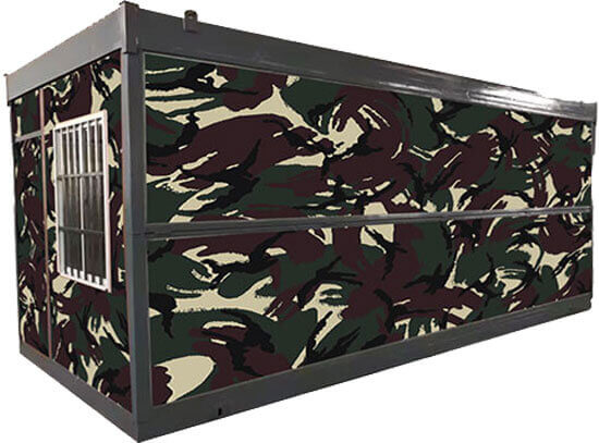 A camouflage-patterned container with a window.
