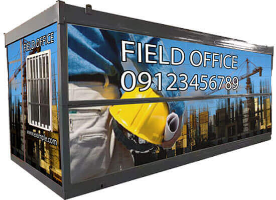 A portable field office container with construction-themed graphics and contact information.