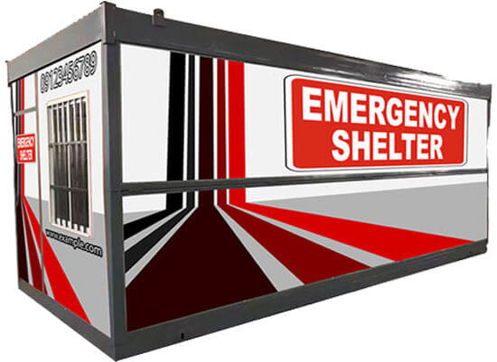 A container with "Emergency Shelter" written on the side.
