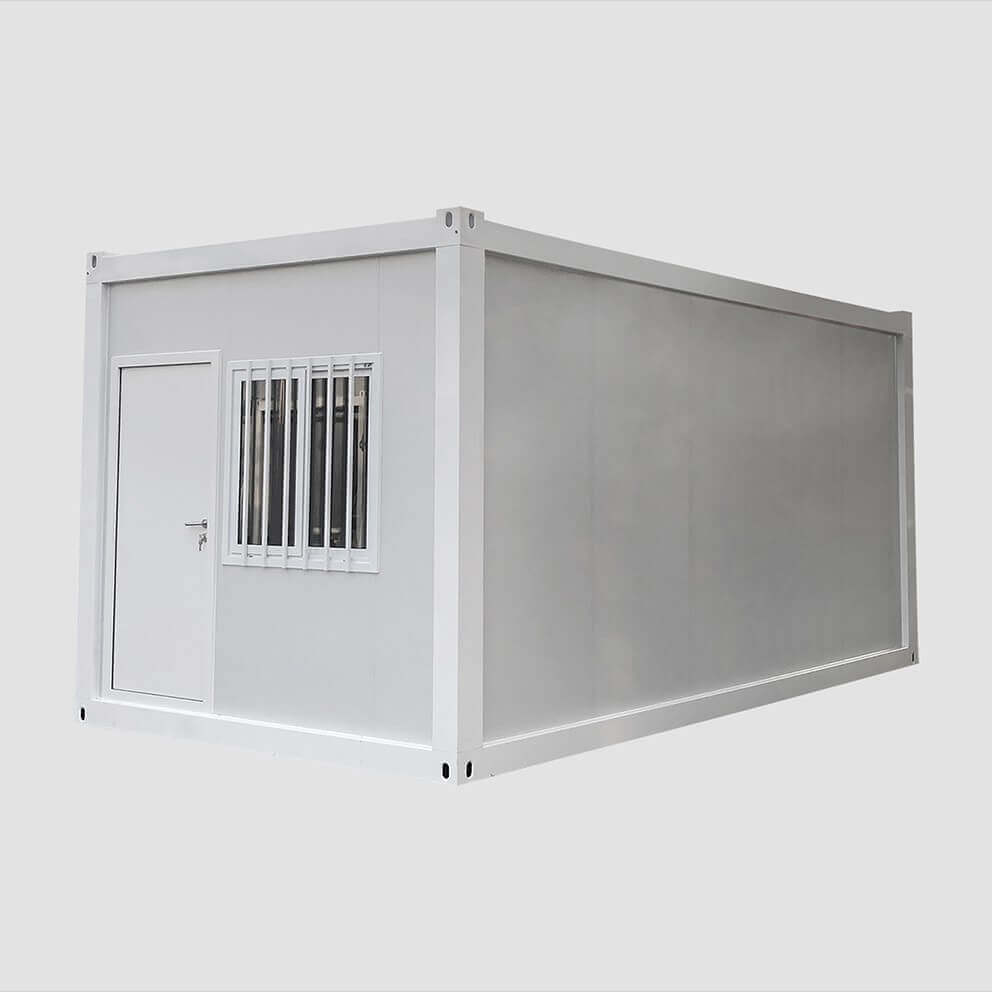 A white, rectangular folding container with a door and barred window.