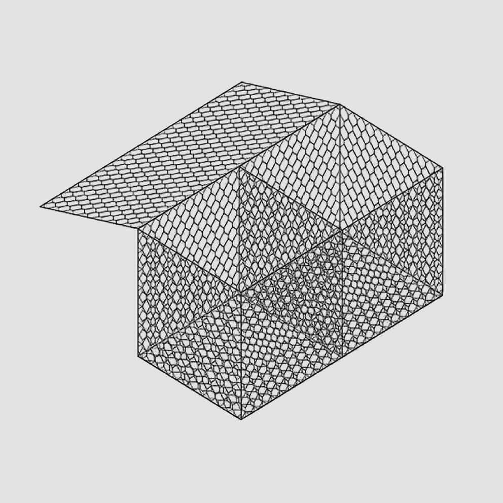 Isometric line drawing of a 2x1x1m gabion basket.