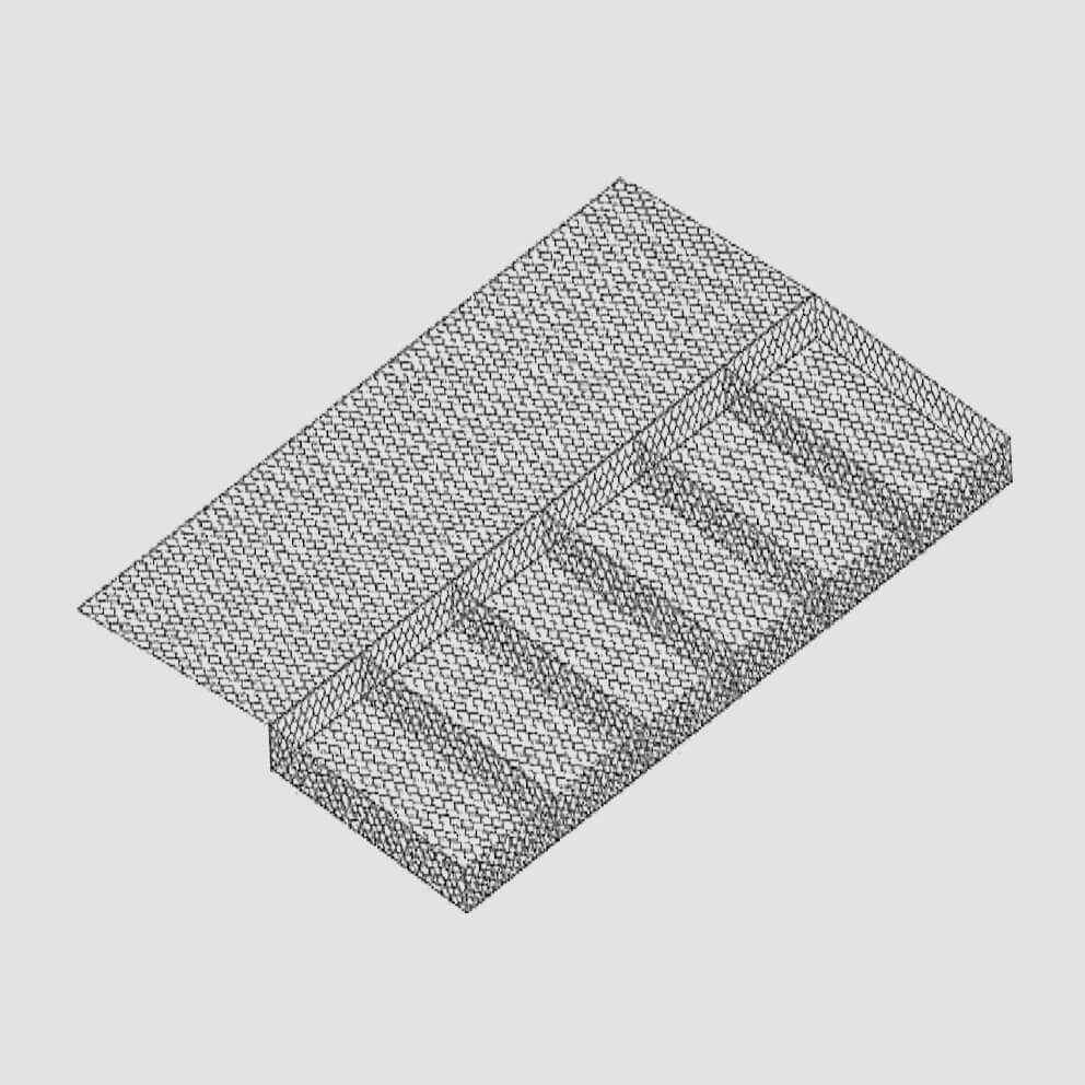 Isometric view of a gabion basket with dimensions 6x2x0.3 meters.