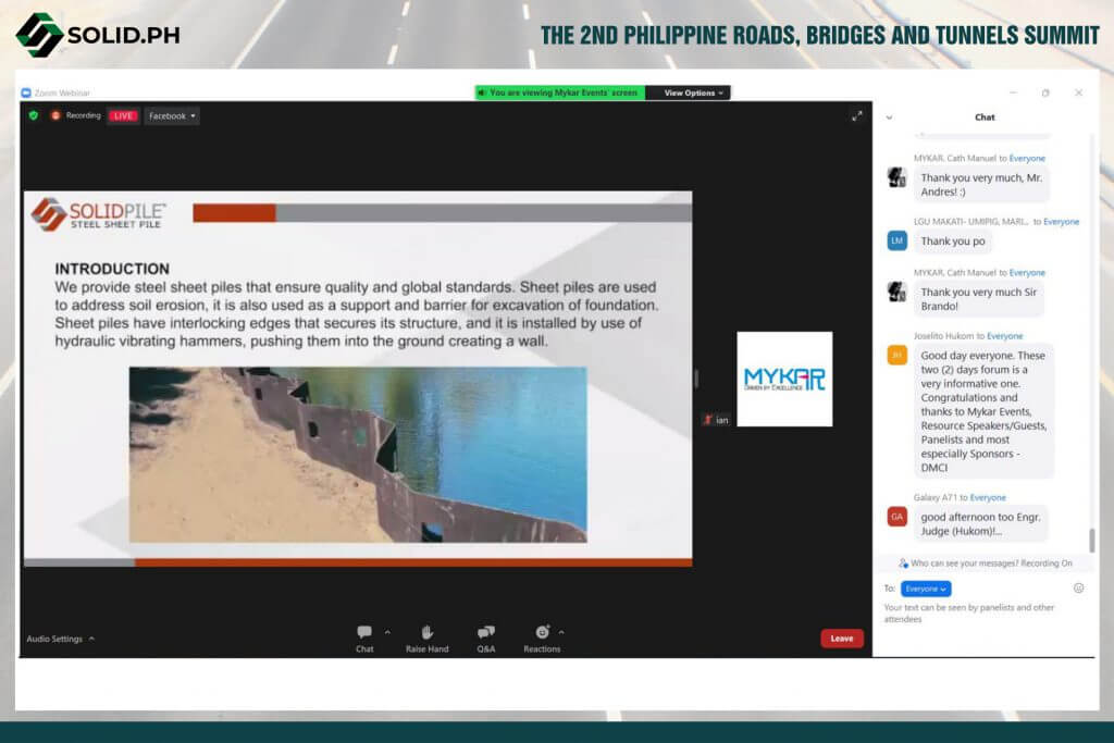 Screenshot of the 2nd Philippine Roads, Bridges and Tunnels Summit webinar, featuring Solidpile sheet piles.