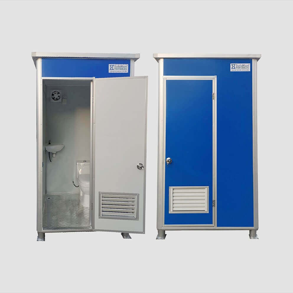 Two portable toilets, one open revealing sink and toilet, the other closed.