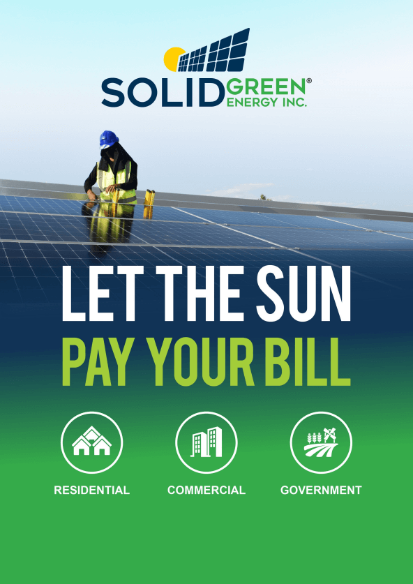 Solid Green Energy ad featuring solar panel installation and text: "Let the sun pay your bill."
