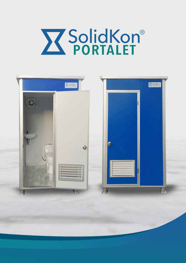Two Solidkon Portalet portable toilets, one with the door open showing the interior.