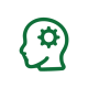 Green icon of a head in profile with a gear inside, representing innovation.